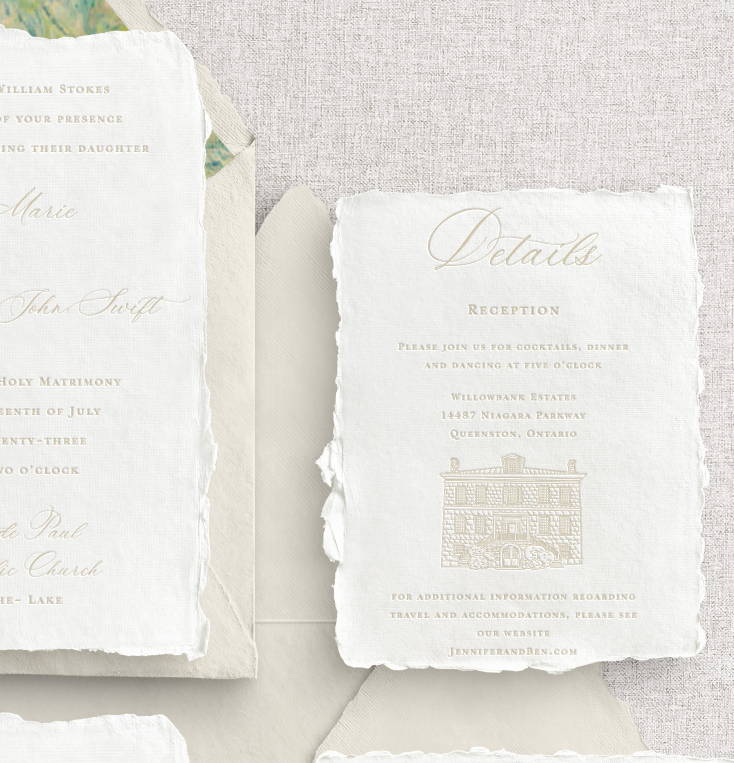 letterpress wedding invitation with custom venue sketch