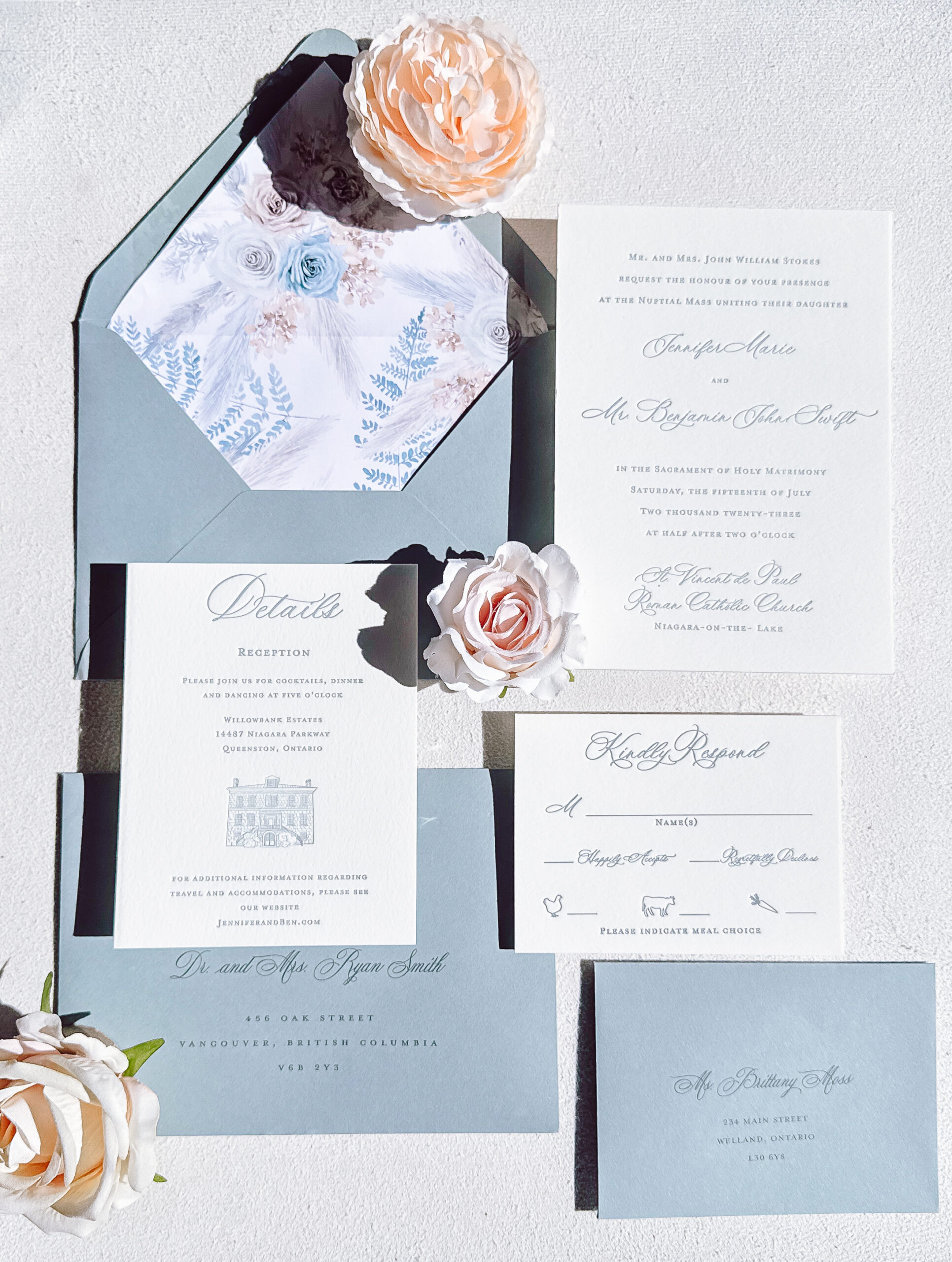 letterpress wedding invitation with custom venue sketch