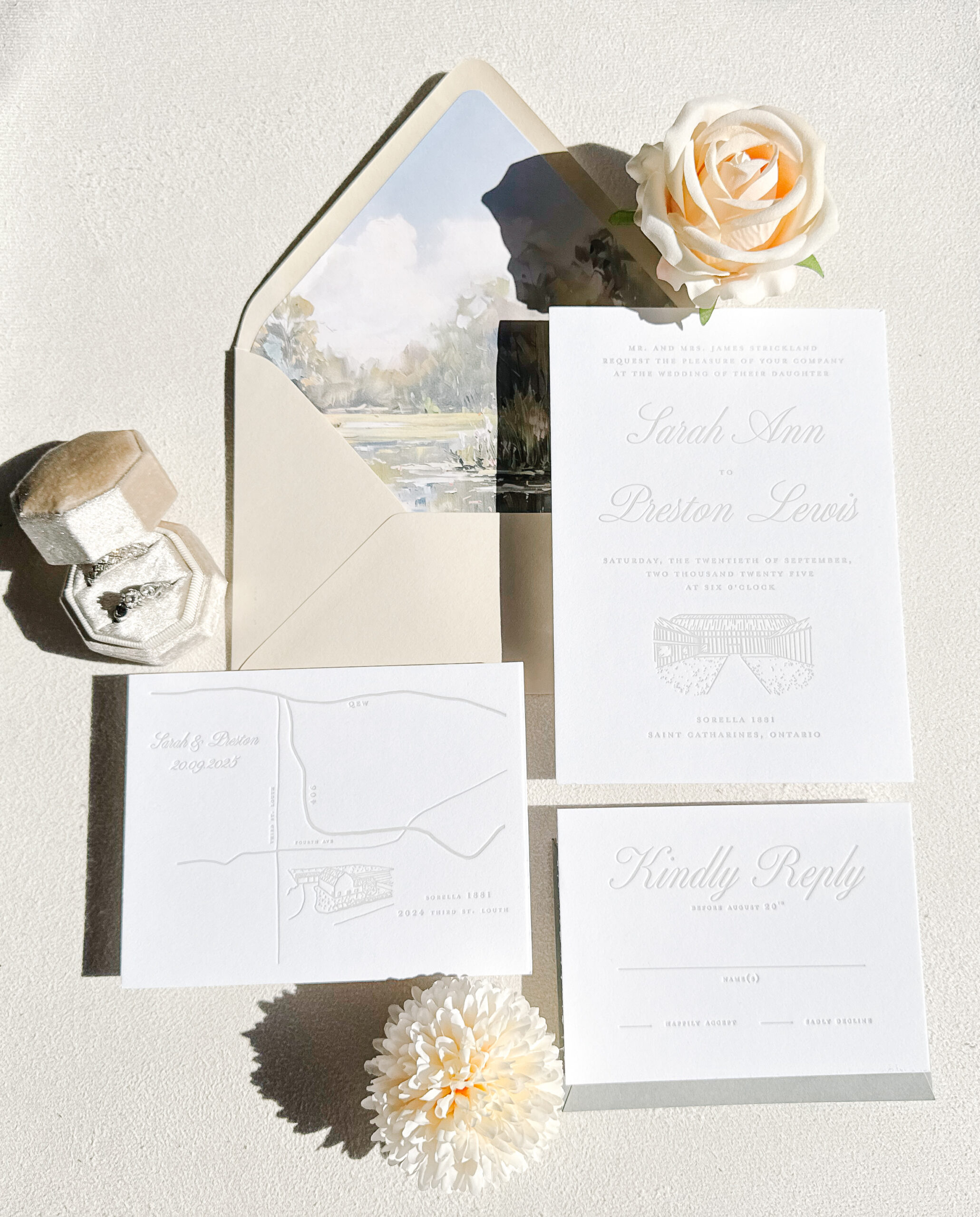 Semi-custom letterpress wedding invitation suite with blush envelope liner, blind embossed monogram and cotton paper, Someday Press Niagara Ontario